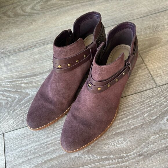 CLARKS Somerset Breccan Purple  Suede Studded Ankle Strap Booties - Picture 2 of 14